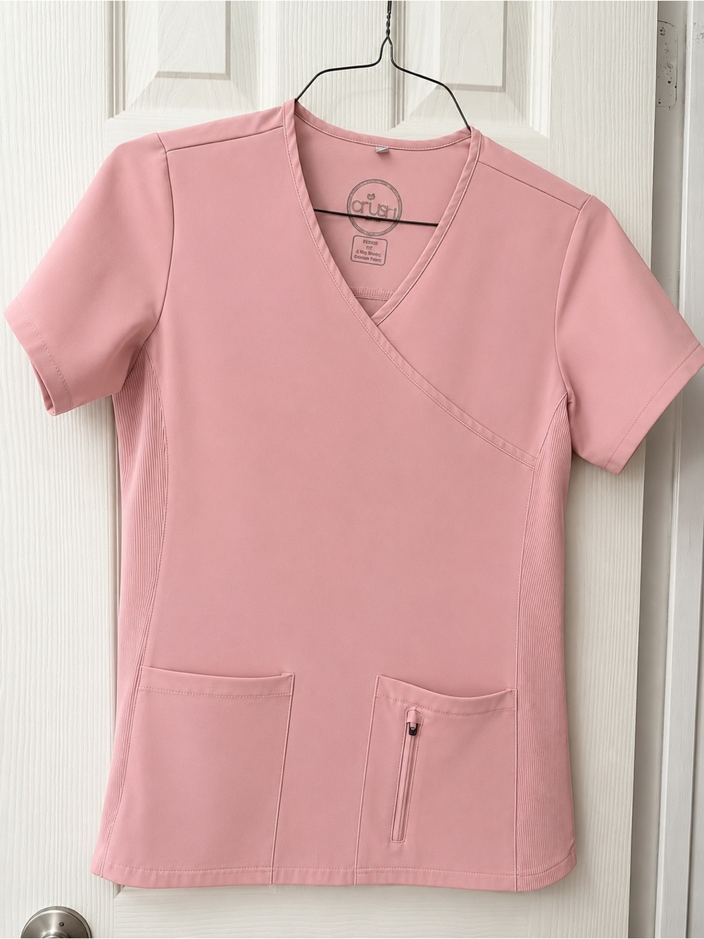 #131 Pink Short Sleeve Crossover V-Neck Scrub Top